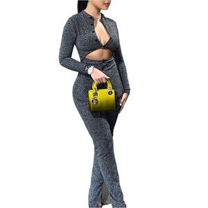 Novaorily Glitter 2 Piece Set Cut Out Top Flare Pants M Y2K Party
